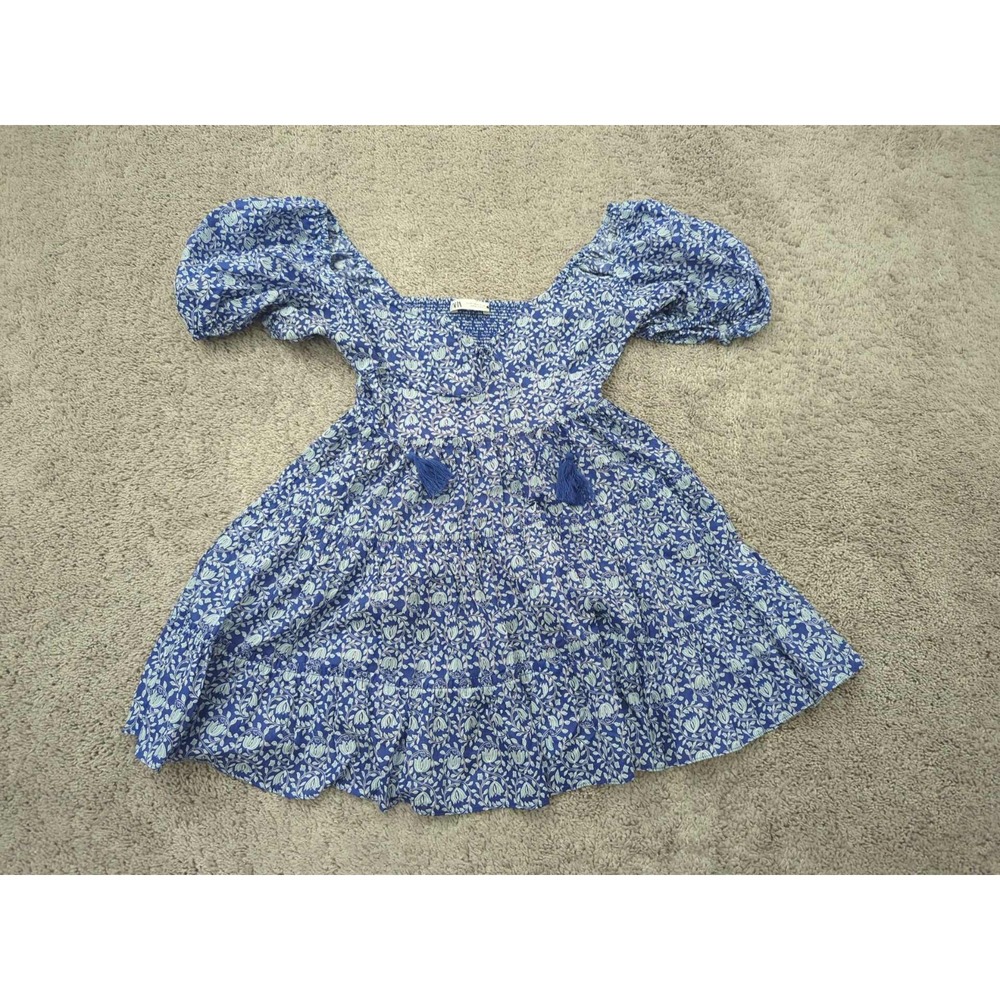 Zara Dress Womens XS Blue Floral‎ Puff Sleeves Smoked Mini Casual Summer Boho